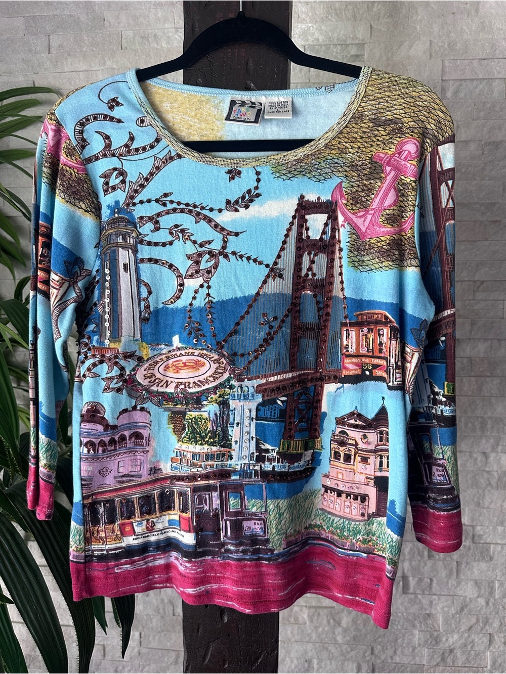 Take Two Vintage San Francisco Colorful Graphic and Sequin Cotton Top Size L
